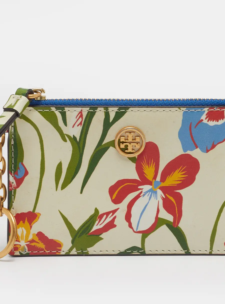 Tory Burch Multicolor Floral Print Leather Card Case Key Ring