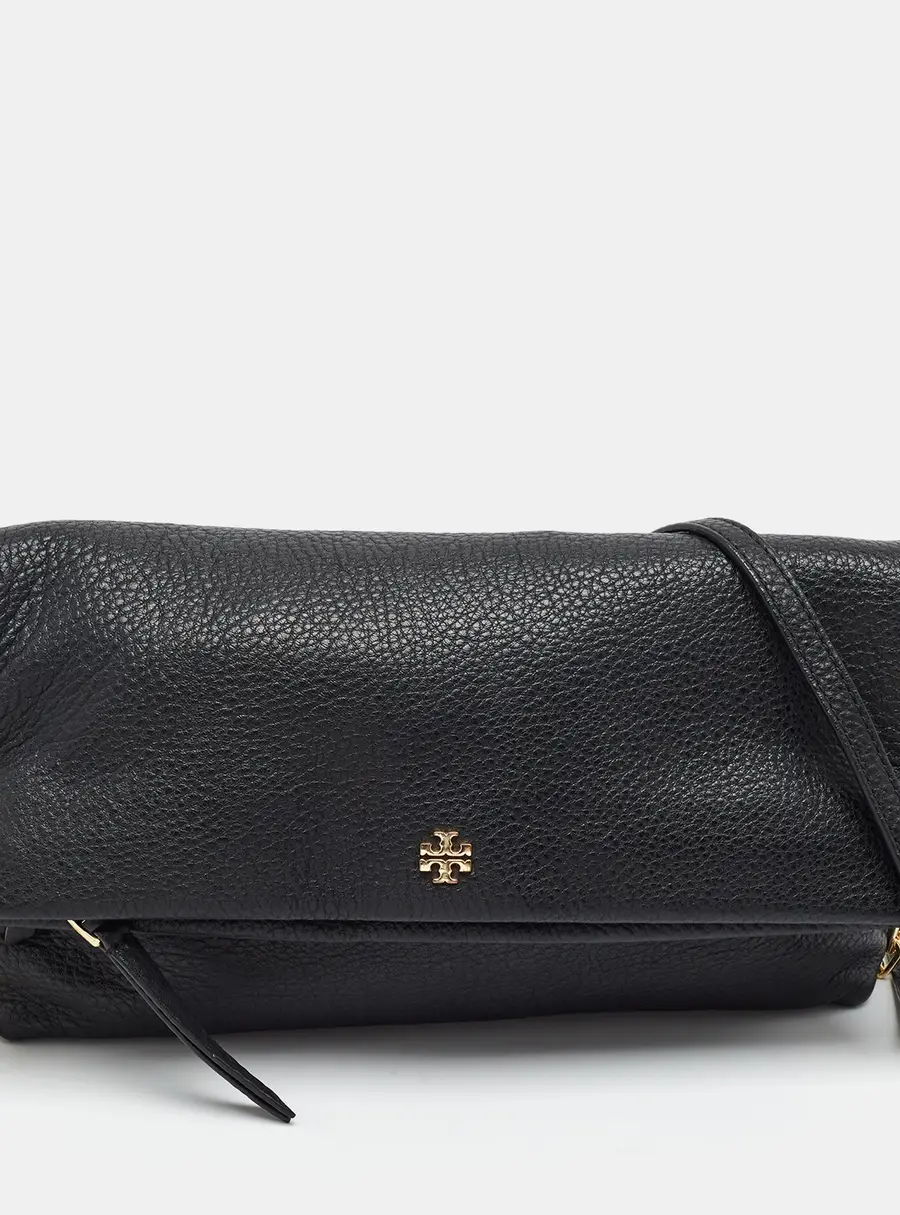 Tory Burch Fold Over Black Leather Crossbody Bag