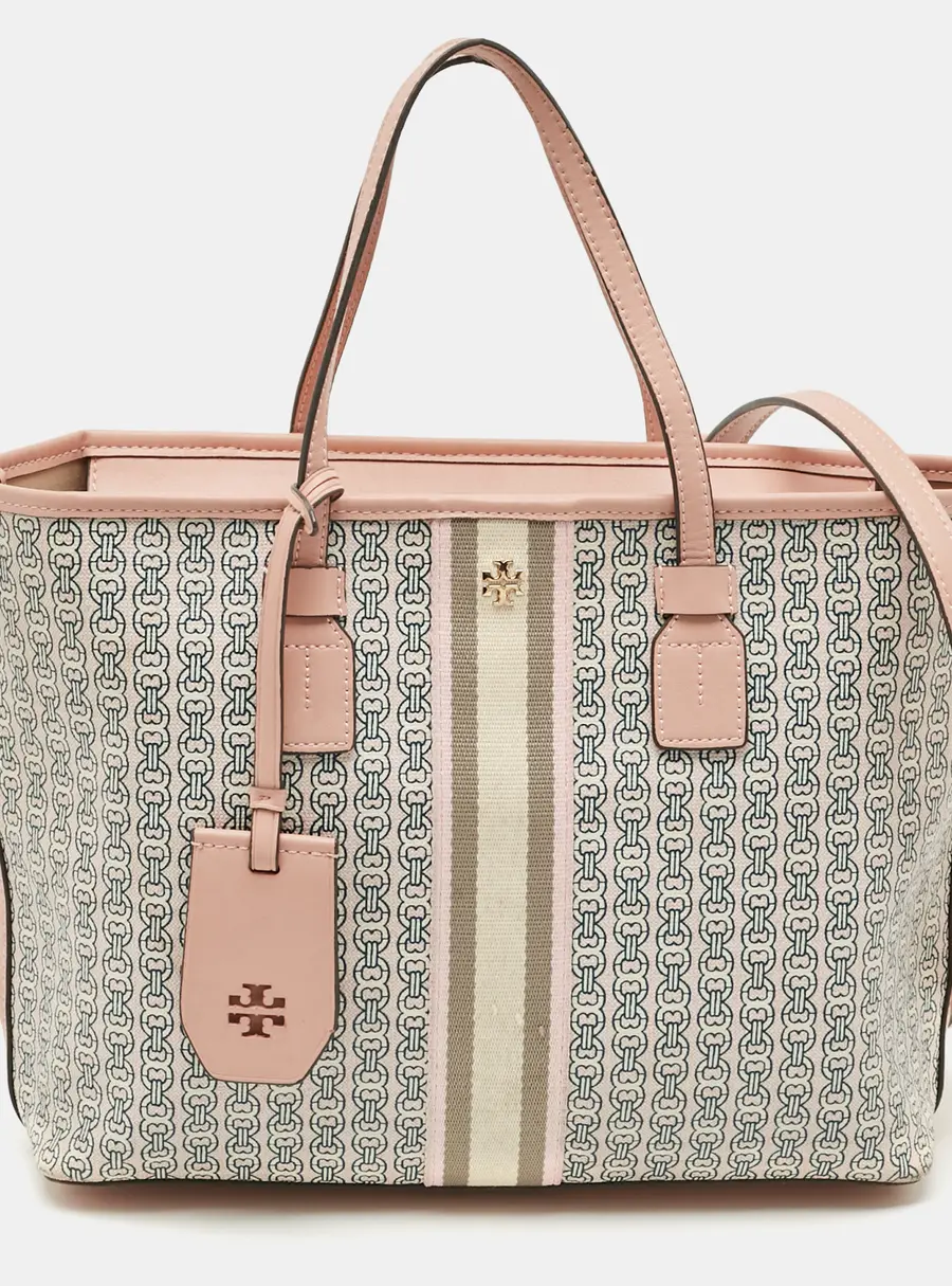 Tory Burch Gemini Link Top Zip Pink Coated Canvas and Leather Tote