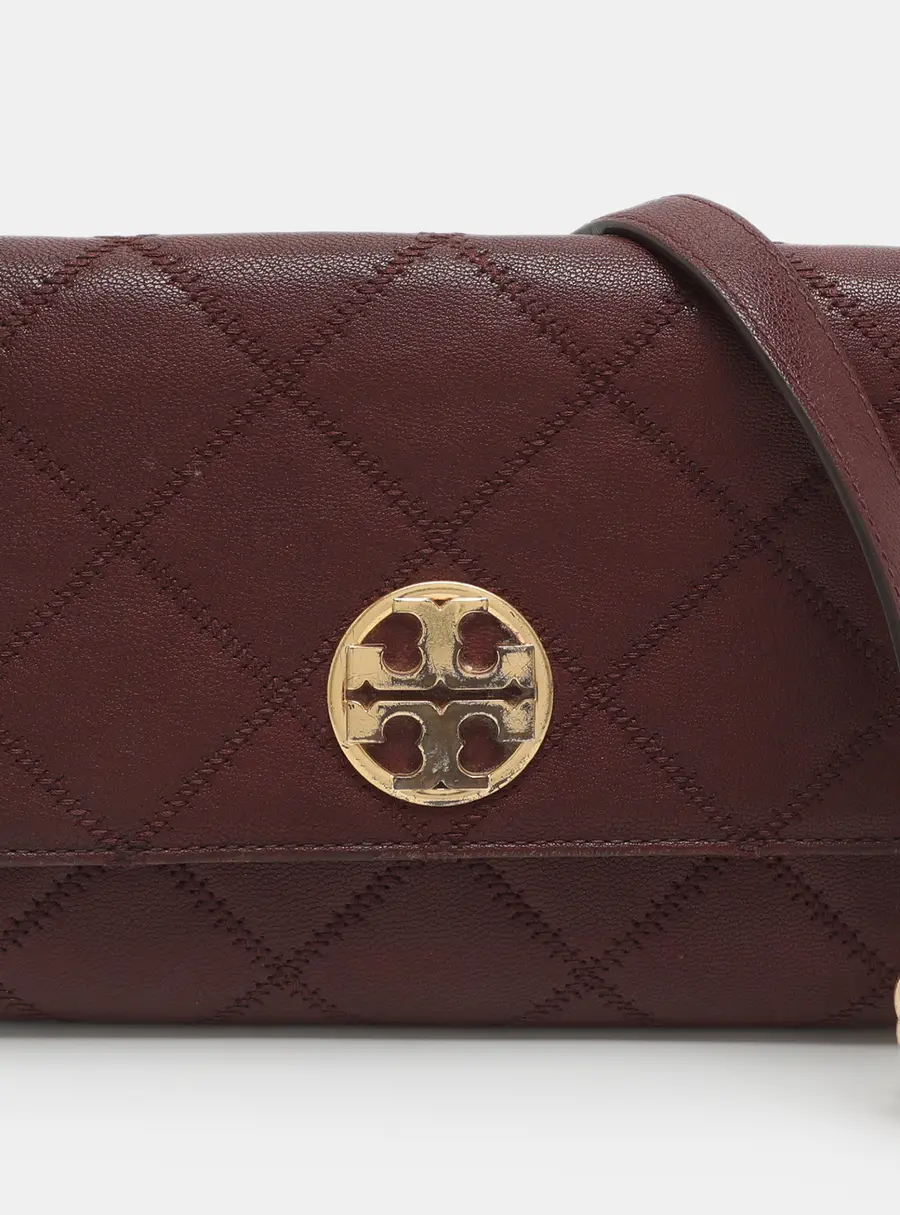 Tory Burch Willa Burgundy Quilted Leather Wallet On Chain