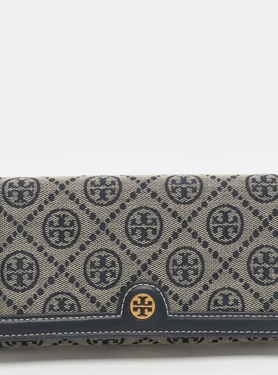 Tory Burch T Monogram Blue Canvas and Leather Wallet On Strap