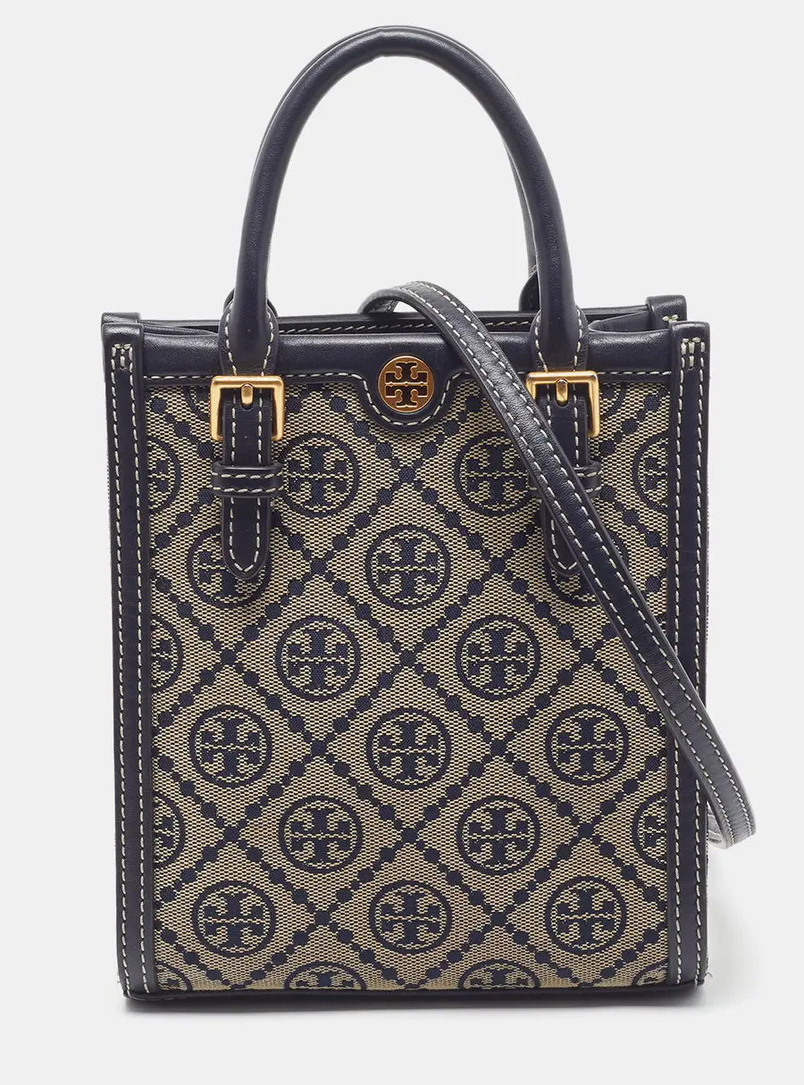 Tory Burch T Monogram Mini Navy Blue Canvas and Leather Tote