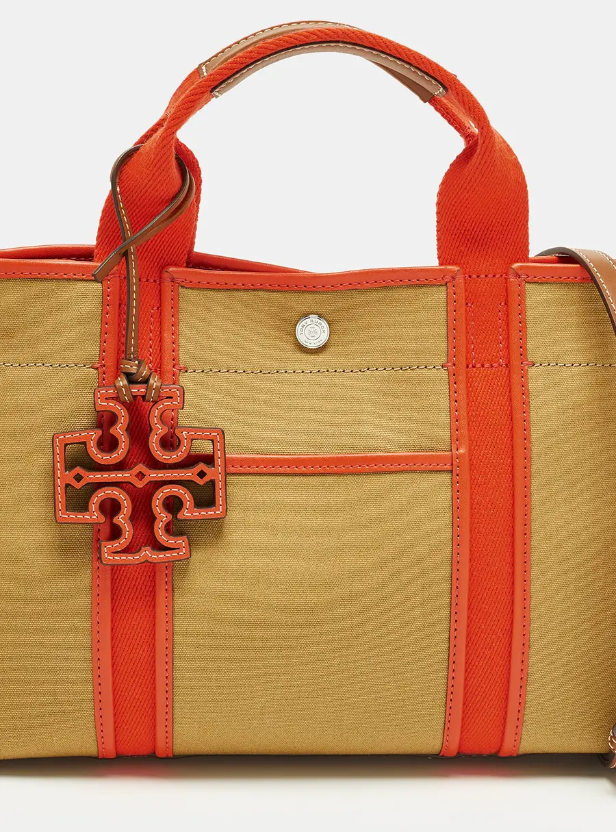 Tory Burch Twill Tory Orange/Brown Canvas and Leather Tote