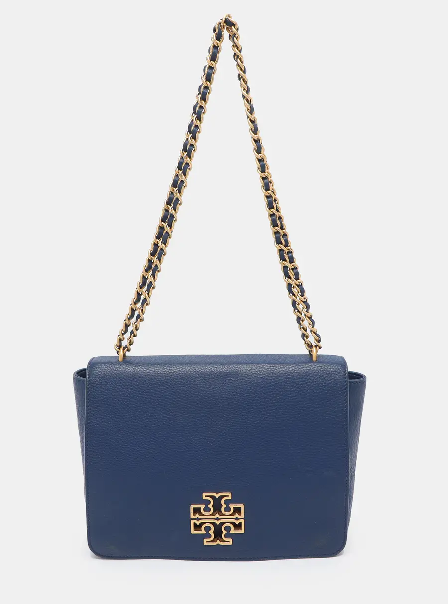 Tory Burch Britten Large Blue Leather Flap Shoulder Bag