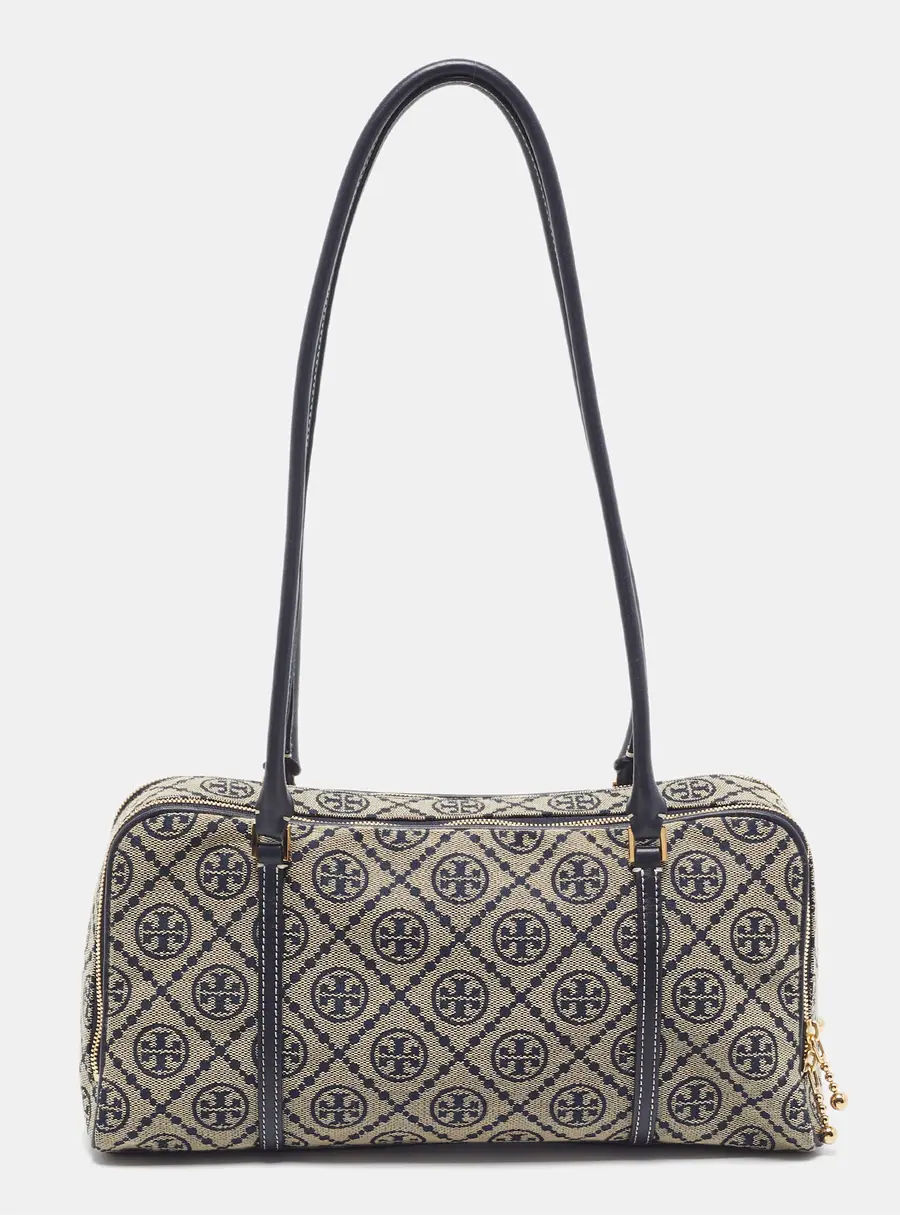 Tory Burch Marshmallow Small Navy Blue T Monogram Jacquard and Leather Satchel