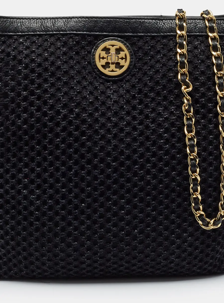 Tory Burch Woven Chain Black Fabric and Leather Tote