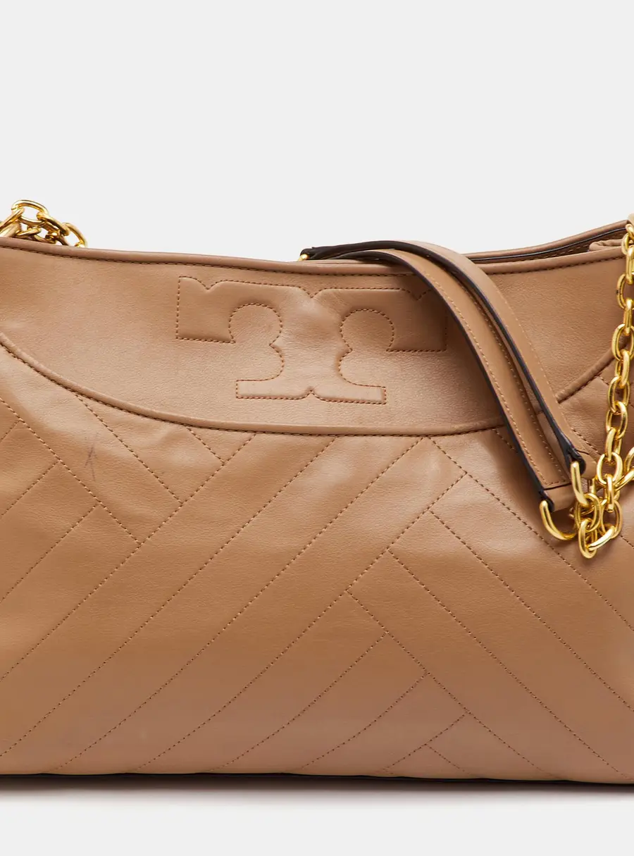 Tory Burch Alexa Beige Quilted Leather Slouchy Tote