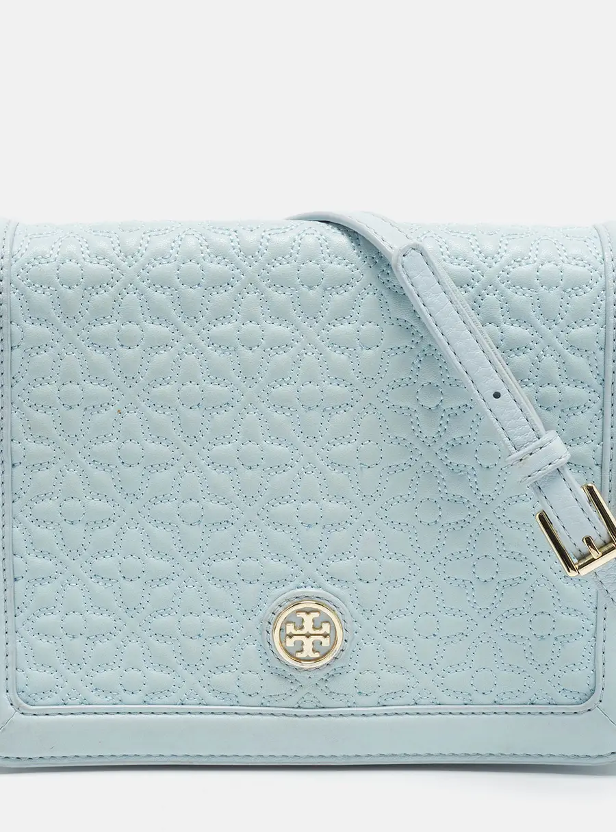 Tory Burch Floral Quilted Bryant Light Blue Leather Shoulder Bag
