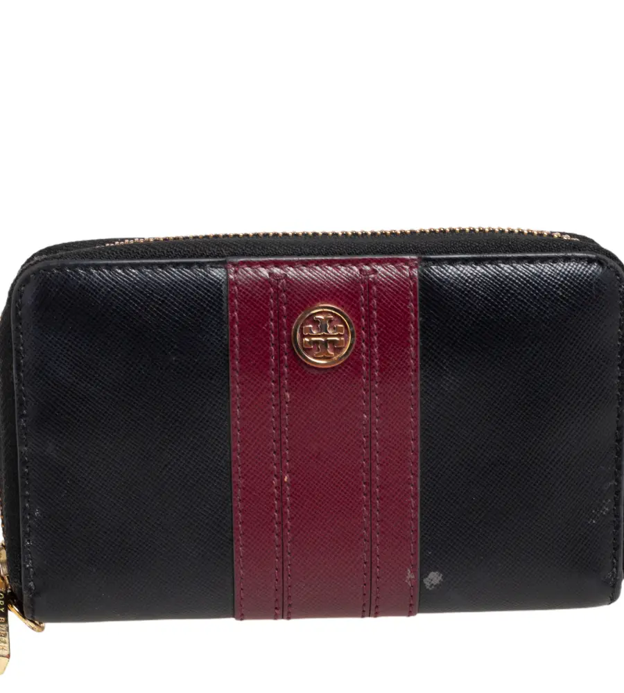 Tory Burch Black/Burgundy Saffiano Leather Zip Around Wallet