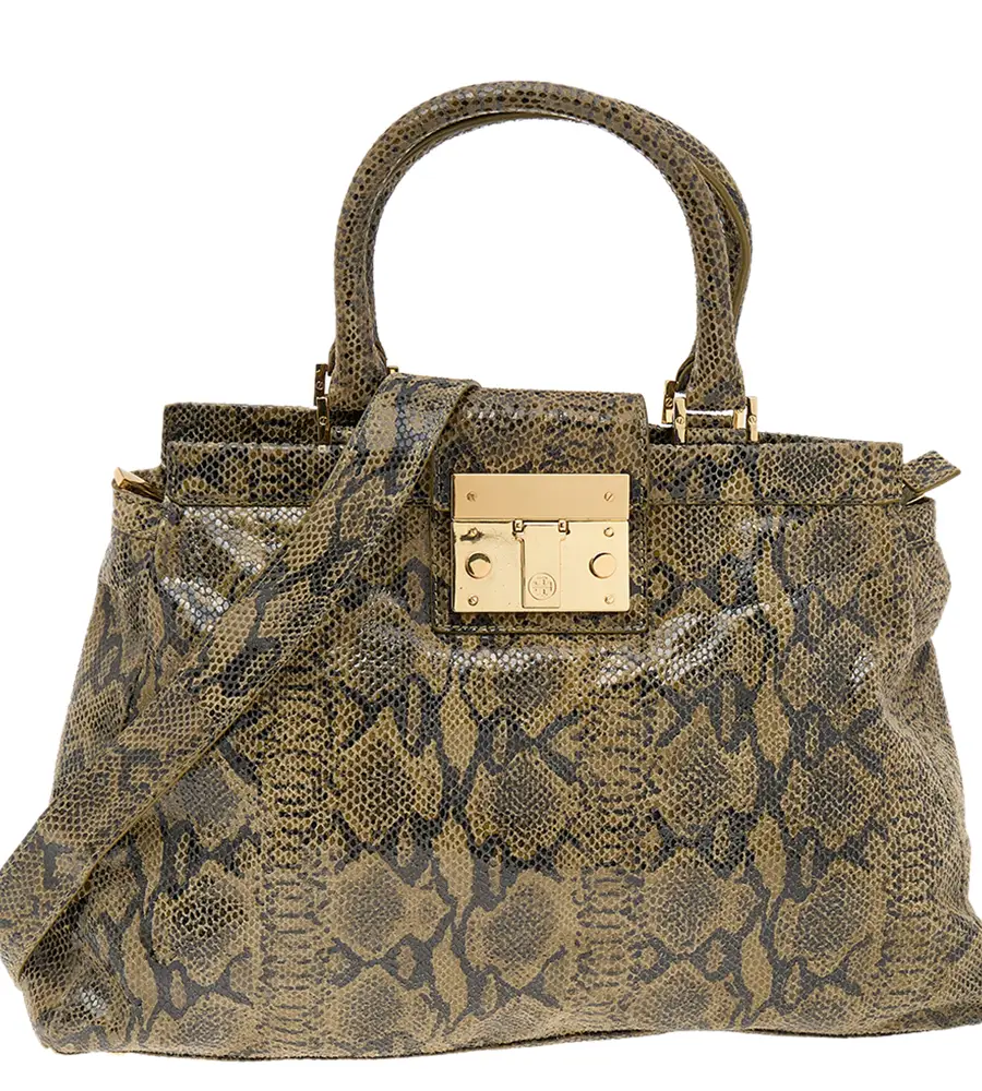 Tory Burch Olive Green/Black Python Embossed Leather Satchel