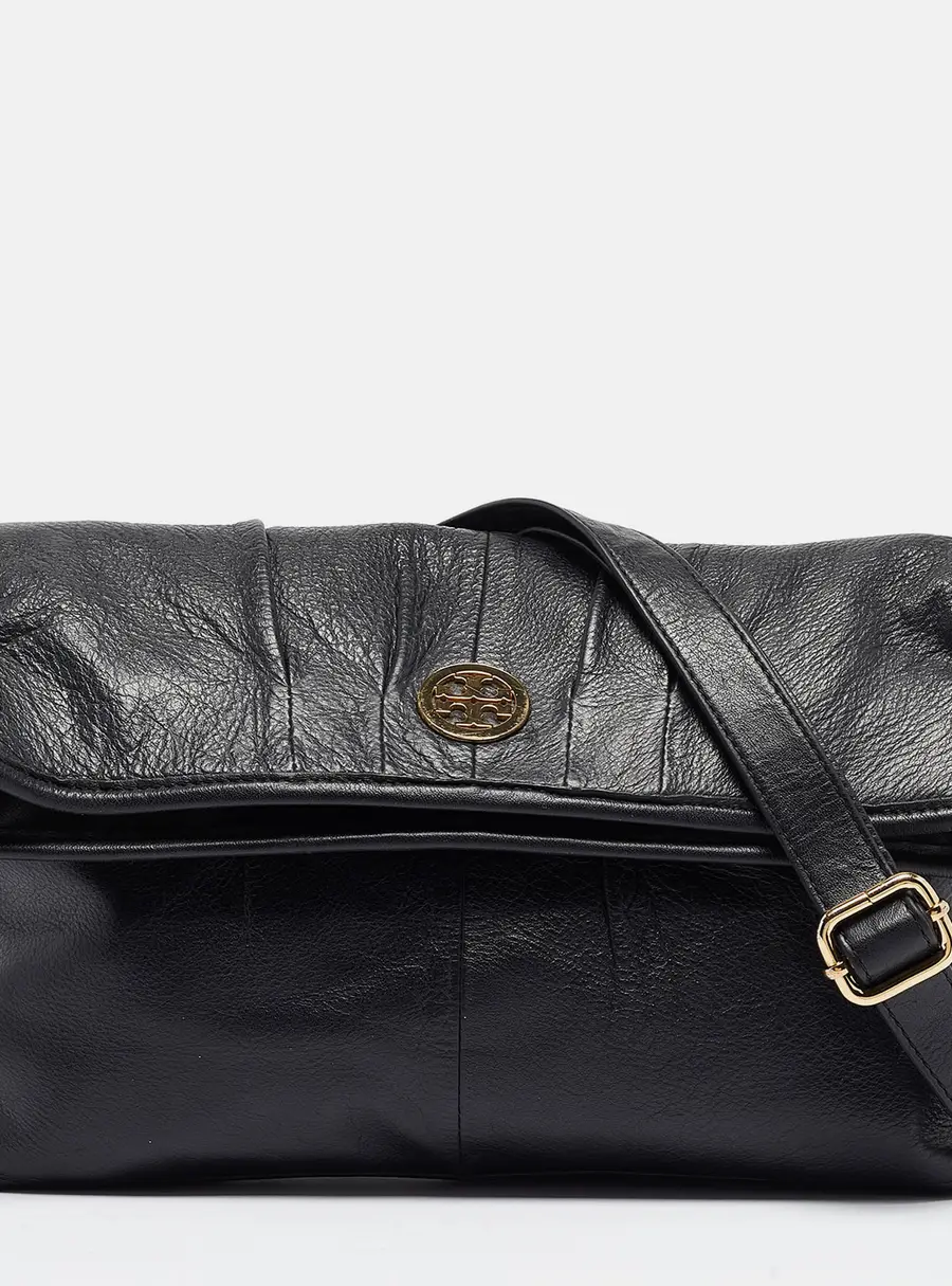 Tory Burch Black Leather Fold Over Shoulder Bag