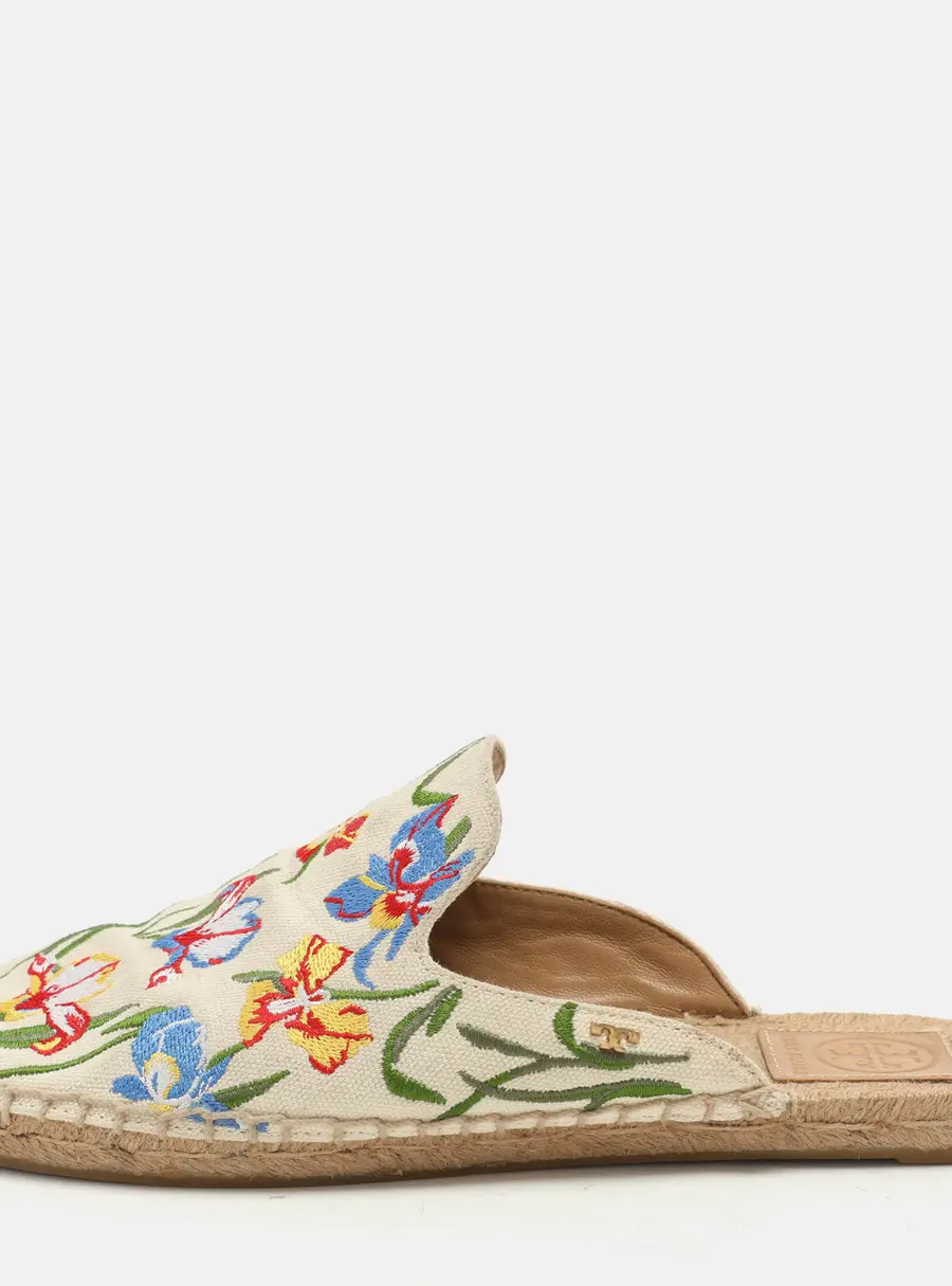 Tory Burch Multicolor Floral Embroidered Canvas Espadrille Mules Size 37.5