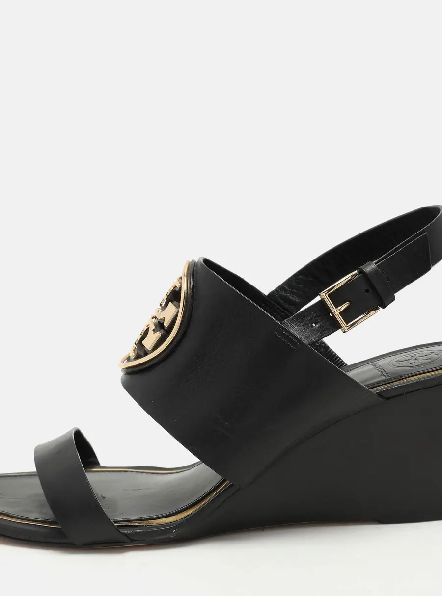 Tory Burch Black Leather Metal Miller Slingback Wedge Sandals Size 39