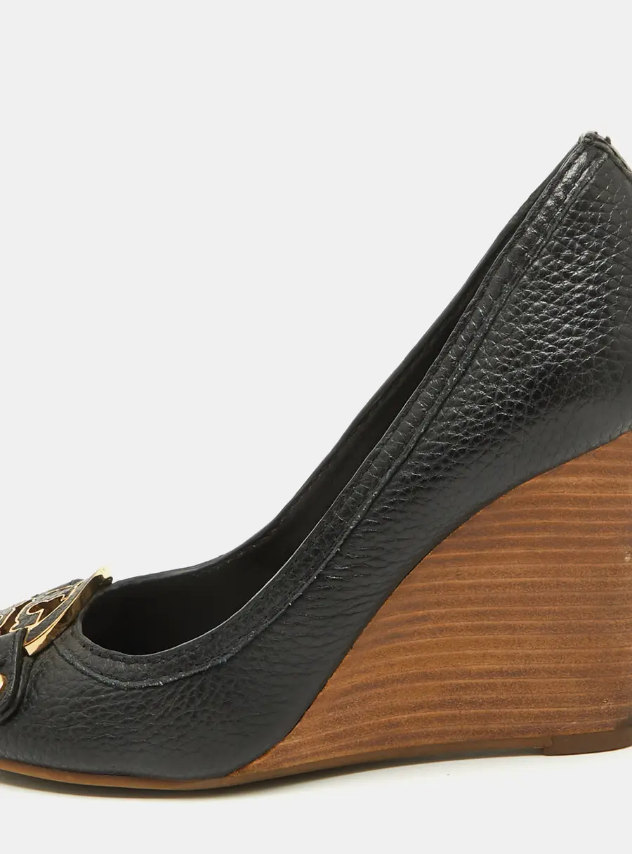 Tory Burch Black Leather Logo Peep Toe Wedge Pumps Size 38