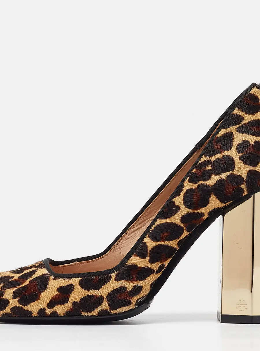 Tory Burch Beige/Brown Pony Hair Square Toe Block Heel Pumps Size 36