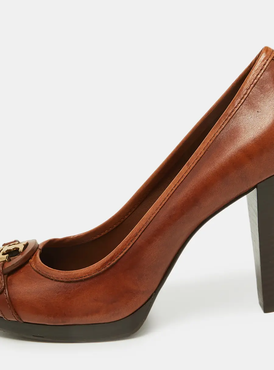 Tory Burch Brown Leather Logo Detail Round Toe Pumps Size 40.5