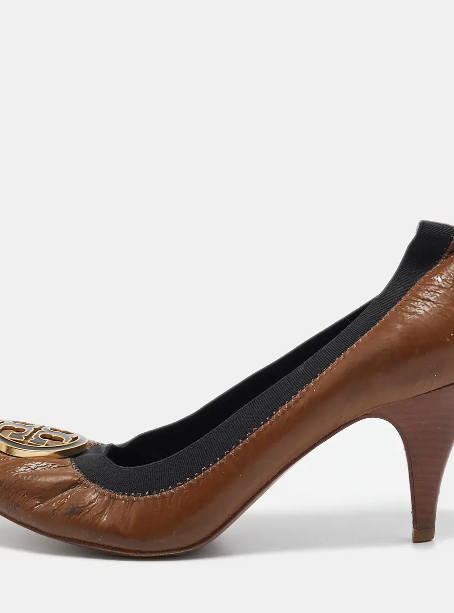Tory Burch Brown Patent Leather Caroline Scrunch Pumps Size 39