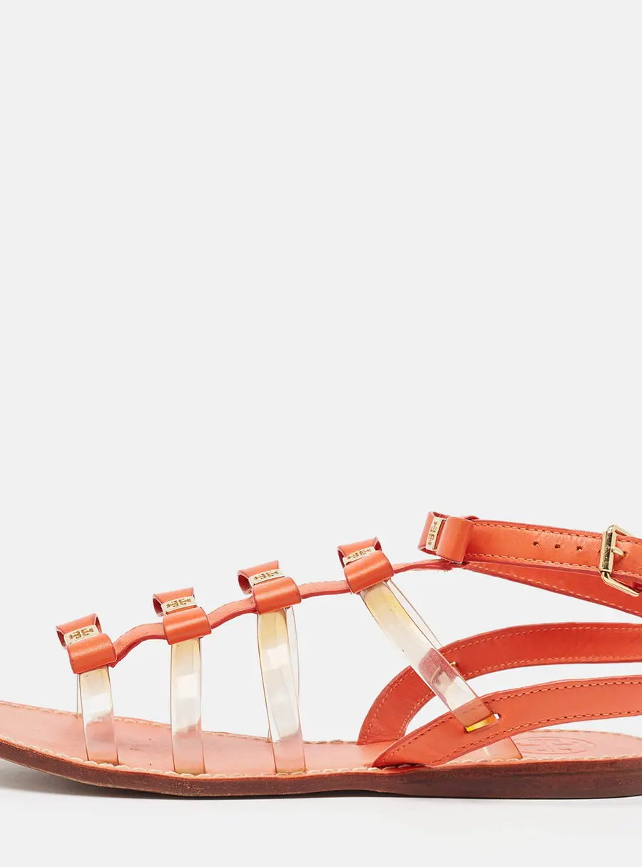 Tory Burch Orange Leather And PVC Kira Flat Sandals Size 37.5