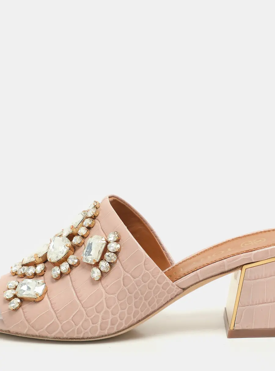 Tory Burch Pink Crocodile Embossed Leather Martine Slide Sandals Size 35