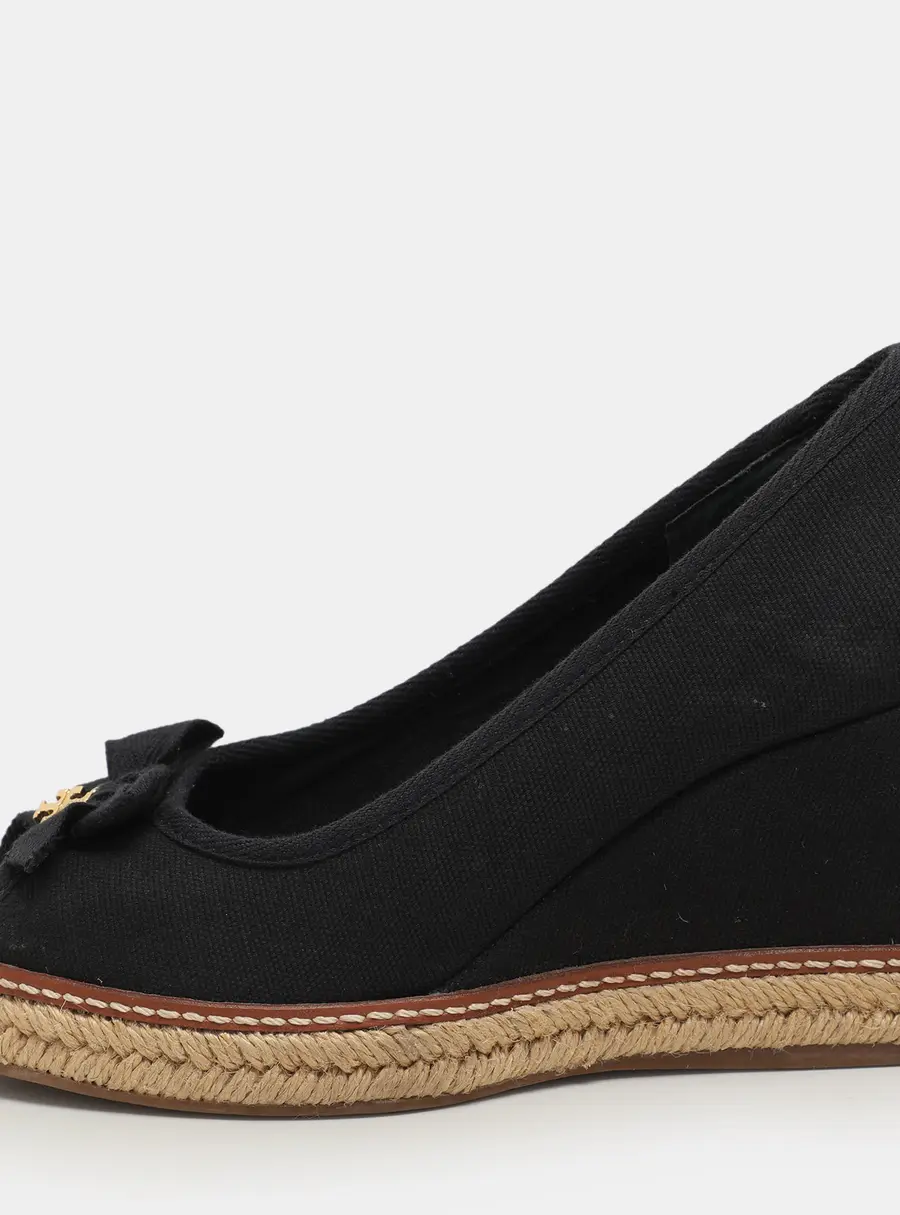 Tory Burch Black Canvas Jackie Wedge Peep Toe Pumps Size 35.5