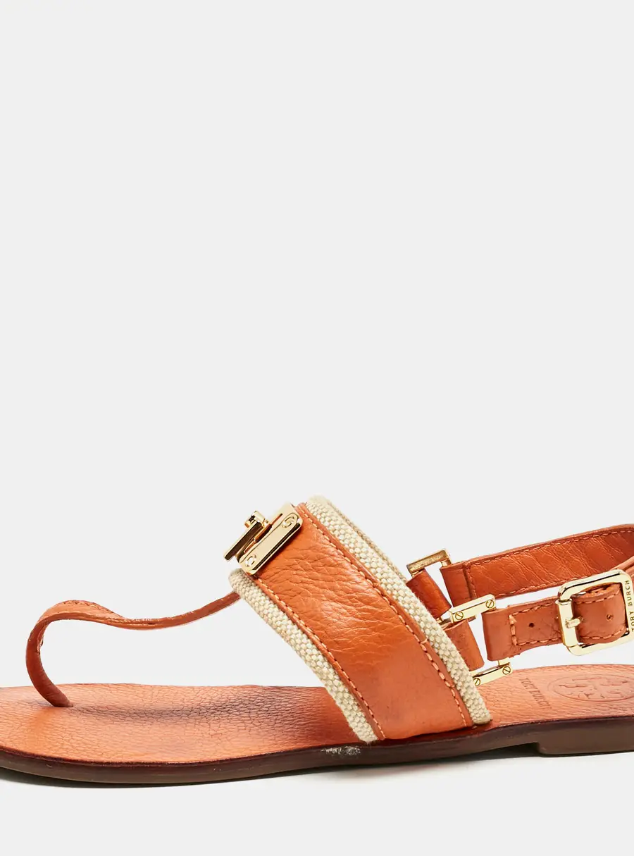 Tory Burch Orange Leather T-Strap Flat Sandals Size 38