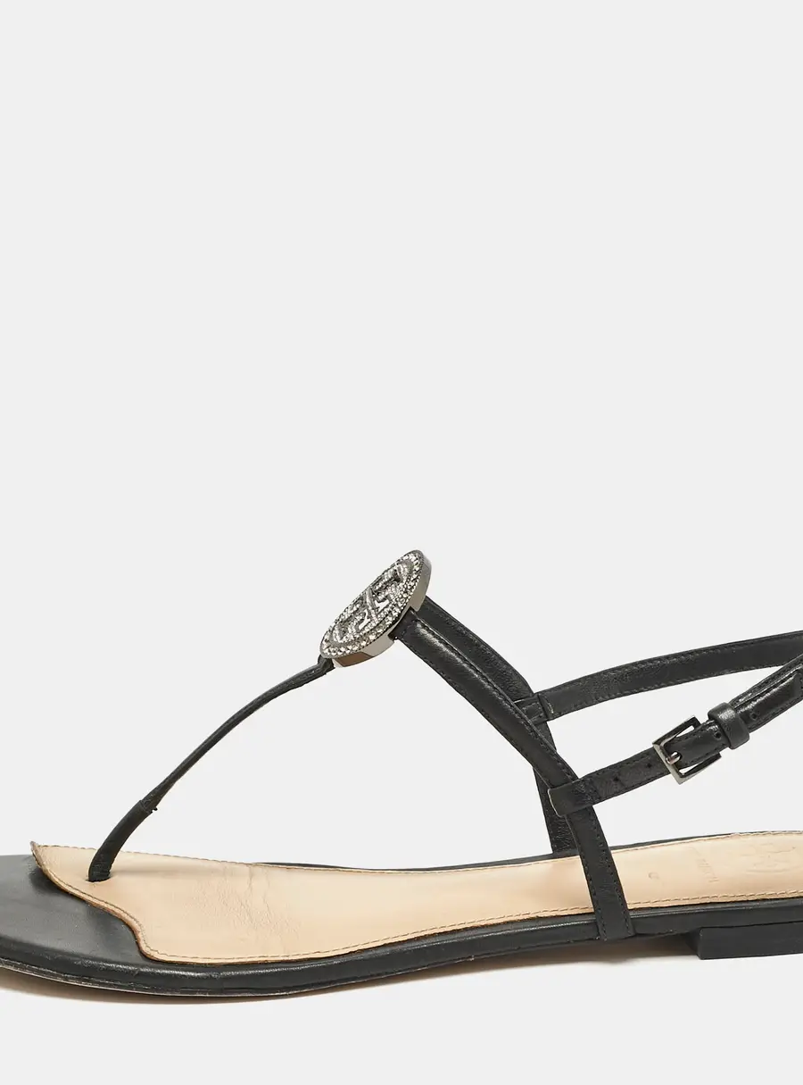 Tory Burch Black Leather Logo Embellished Flat Thong Sandals Size 38