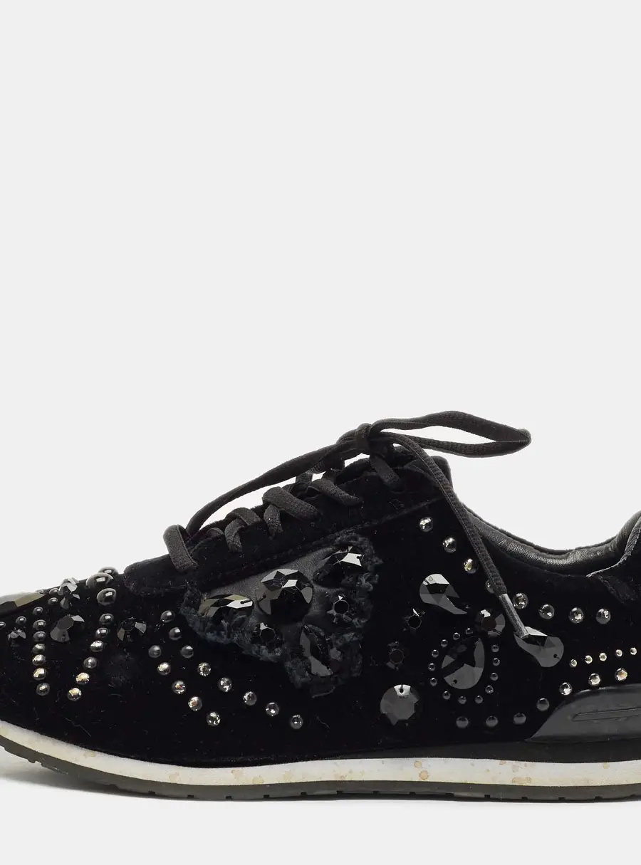 Tory Burch Black Velvet Scarlett Crystal Embellished Sneakers Size 37.5