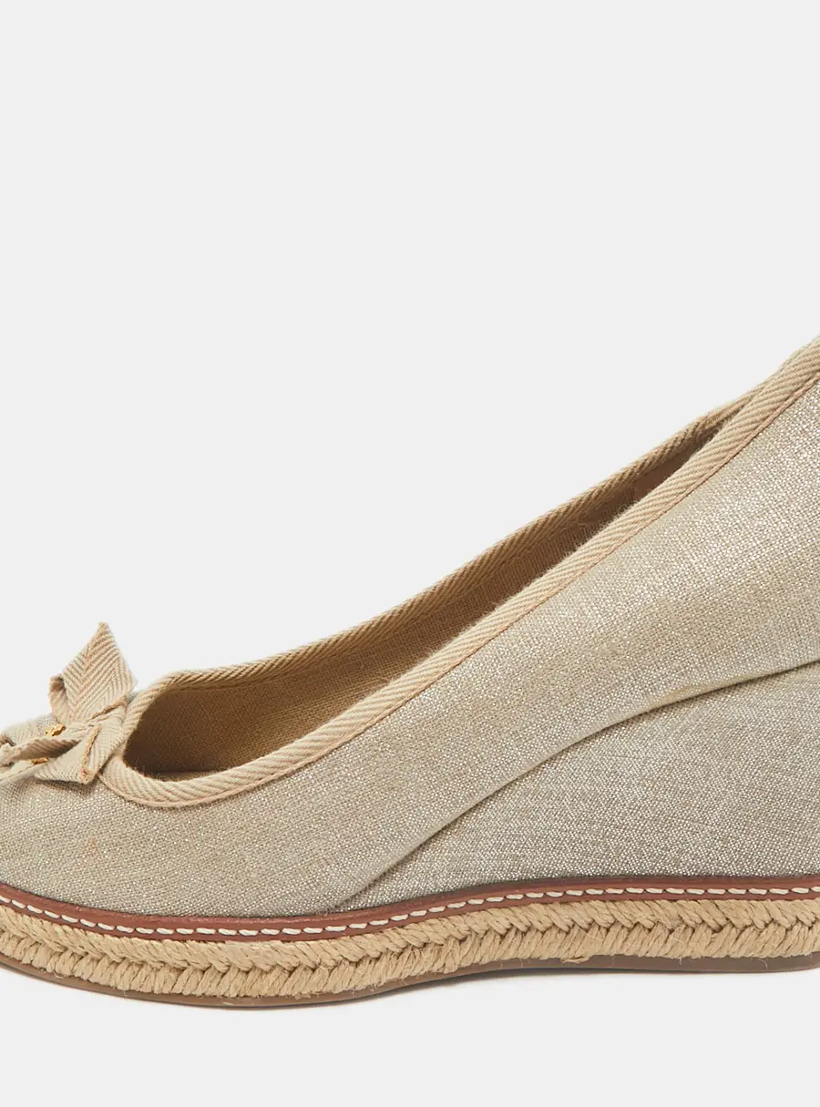 Tory Burch Grey Canvas Jackie Bow Peep Toe Wedge Espadrille Pumps Size 40