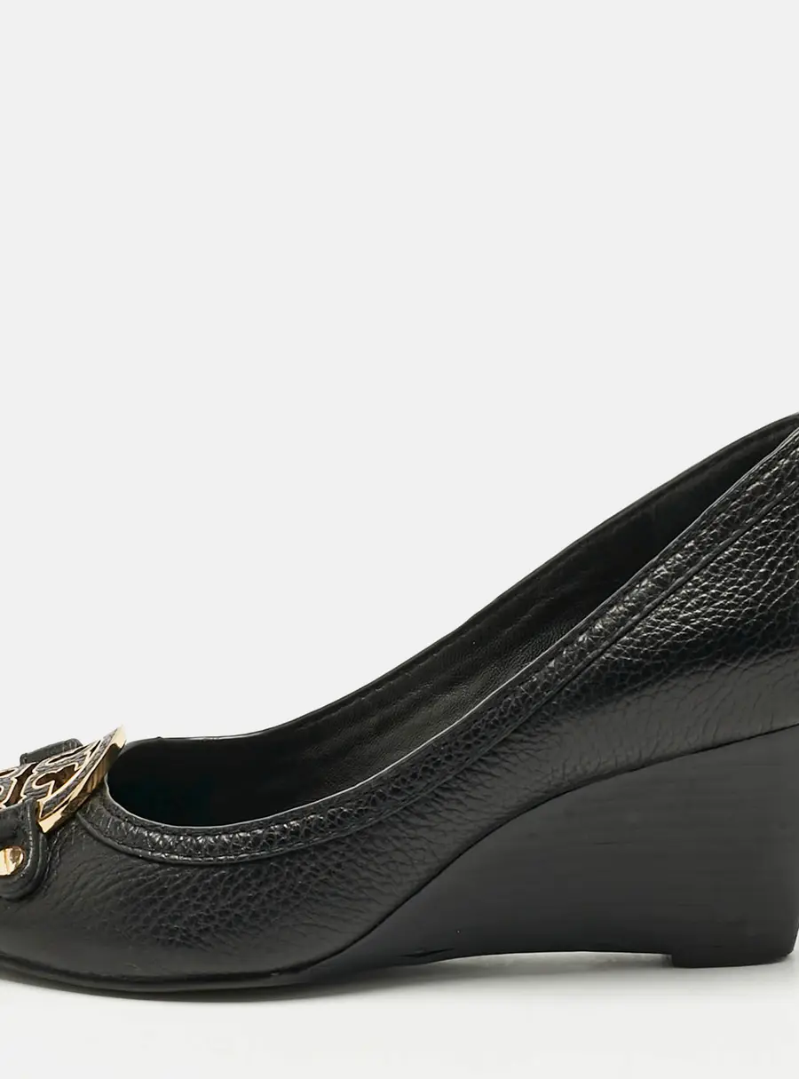 Tory Burch Black Leather Amanda Peep Toe Wedge Pumps Size 37.5