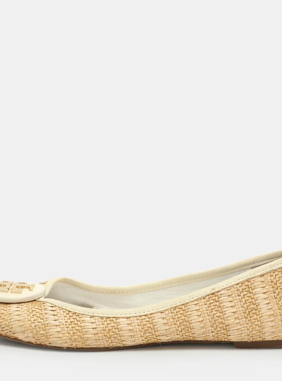 Tory Burch Beige/Cream Raffia and Leather Reva Ballet Flats Size 38