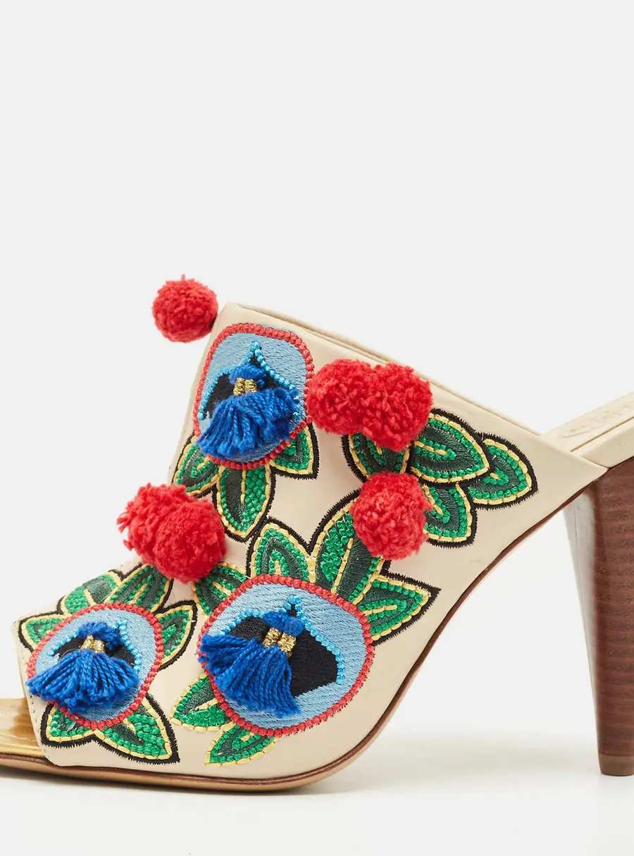 Tory Burch Multicolor Leather and Embroidered Fabric Pom Pom Open Toe Mules Size 38