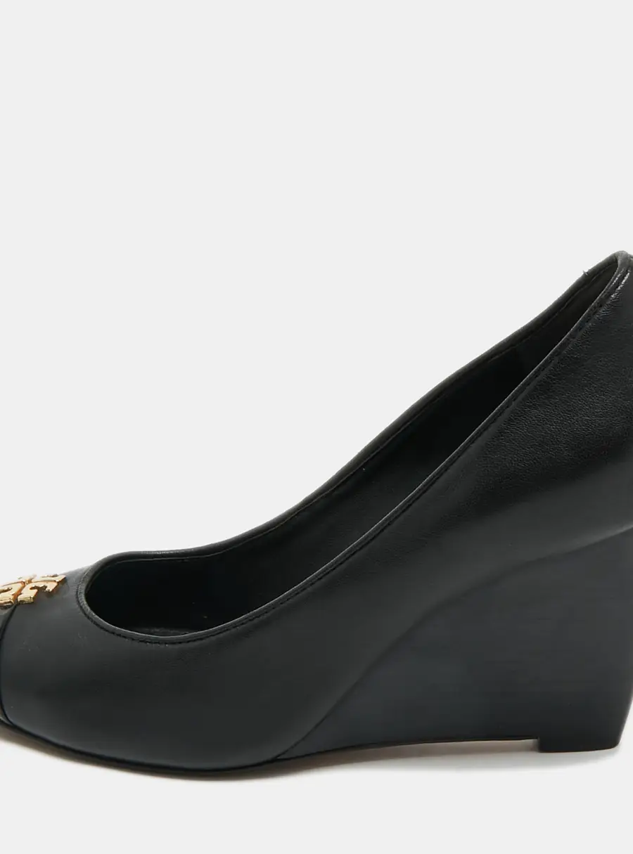 Tory Burch Amanda Size 35.5 Black Leather and Patent Leather Wedge Pumps
