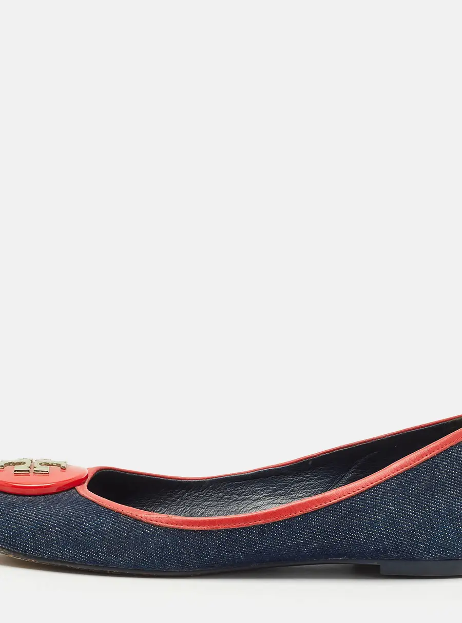 Tory Burch Blue/Red Denim and Leather Reva Ballet Flats Size 38.5