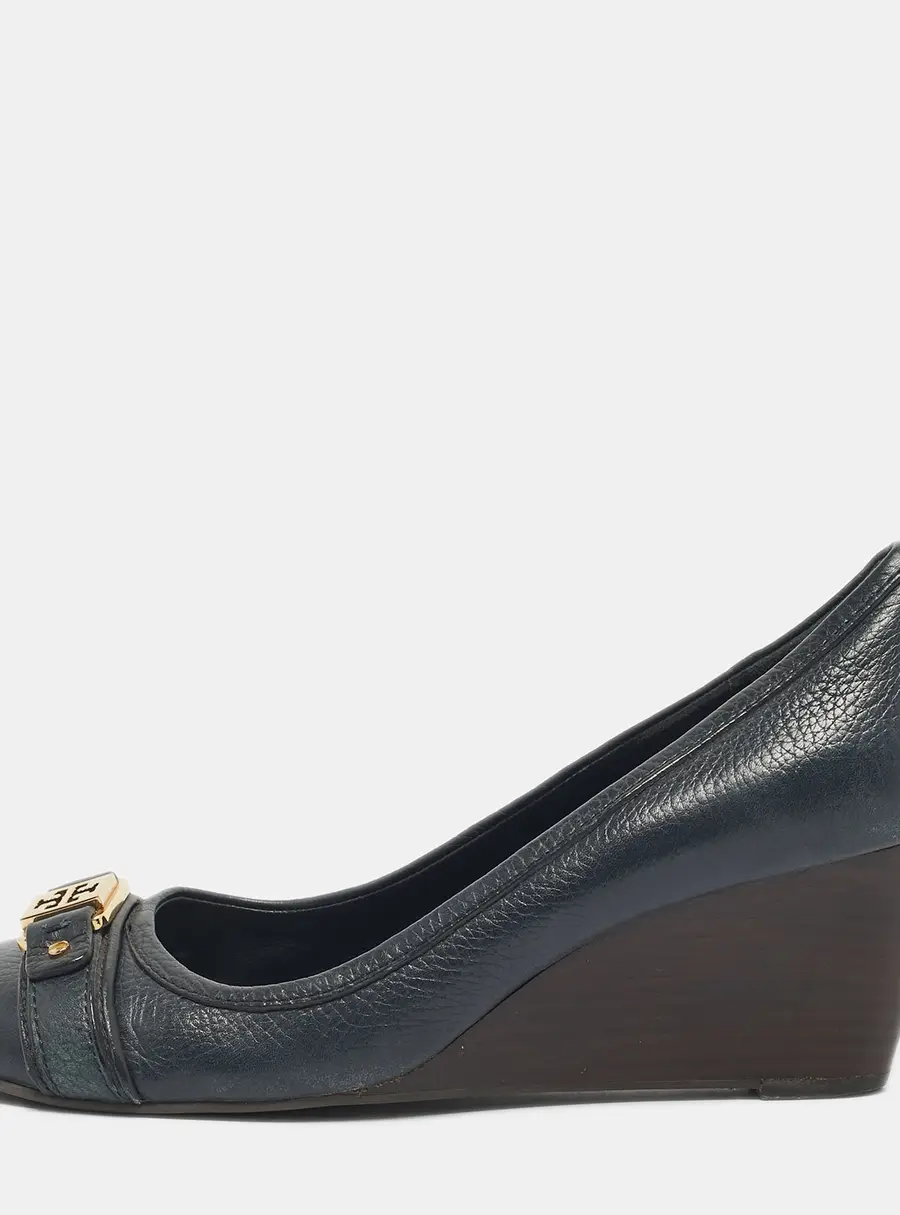 Tory Burch Navy Blue Leather Lowell Wedge Pumps Size 39.5