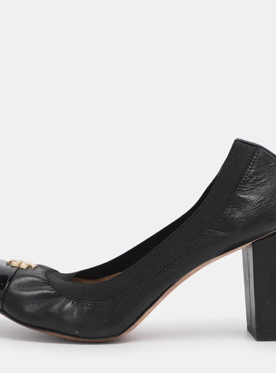 Tory Burch Black Leather Cap Toe Jolie Block Heel Pumps Size 38