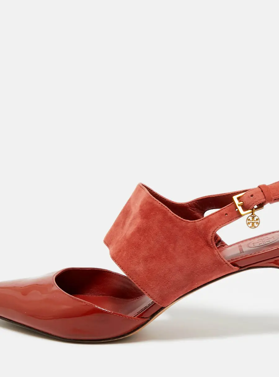 Tory Burch Red Patent Leather and Suede Pointed Toe Slingback Pumps Size 39.5