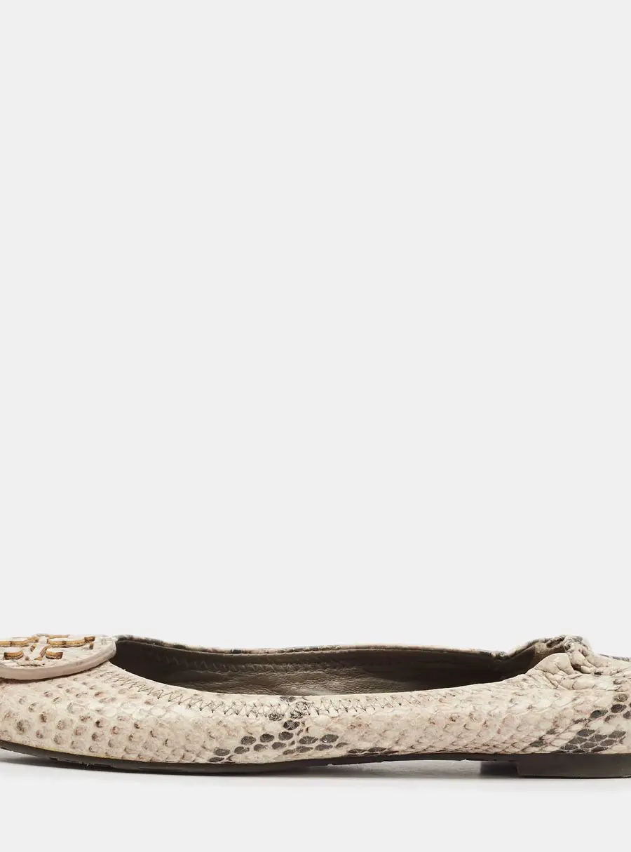 Tory Burch Cream/Black Python Embossed Leather Reva Scrunch Ballet Flats Size 36