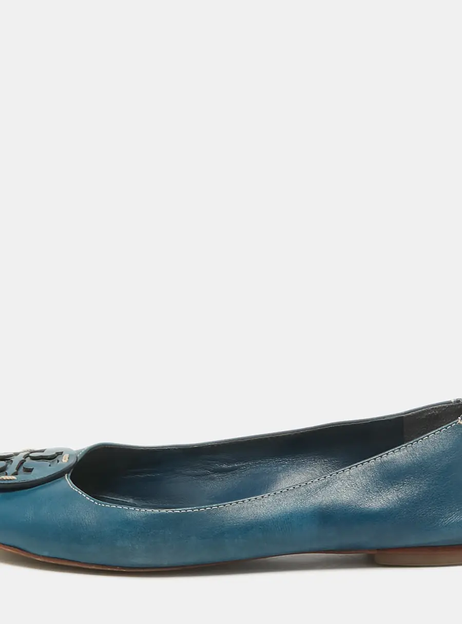 Tory Burch Blue Leather Logo Minnie Ballet Flats Size 37