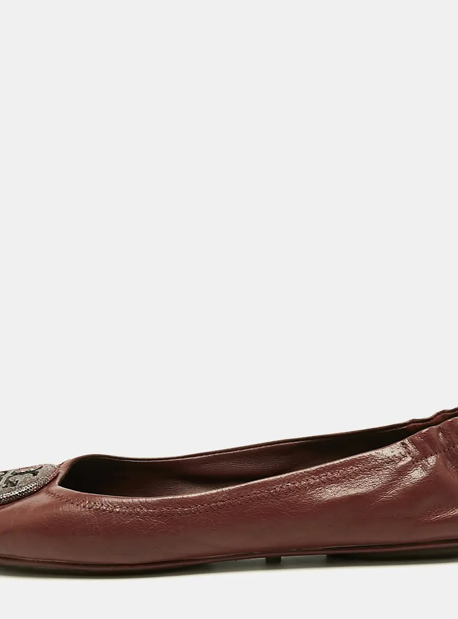 Tory Burch Burgundy Leather Minnie Travel Ballet Flats Size 40.5