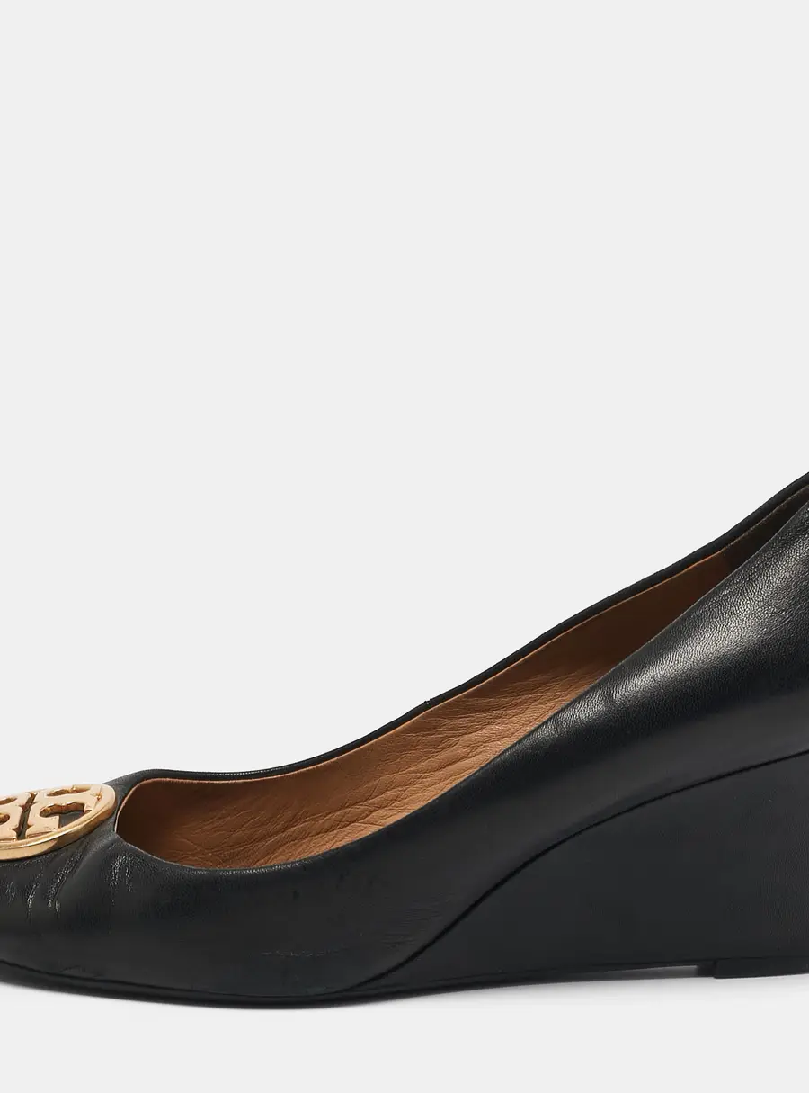 Tory Burch Black Leather Sally Wedge Pumps Size 39