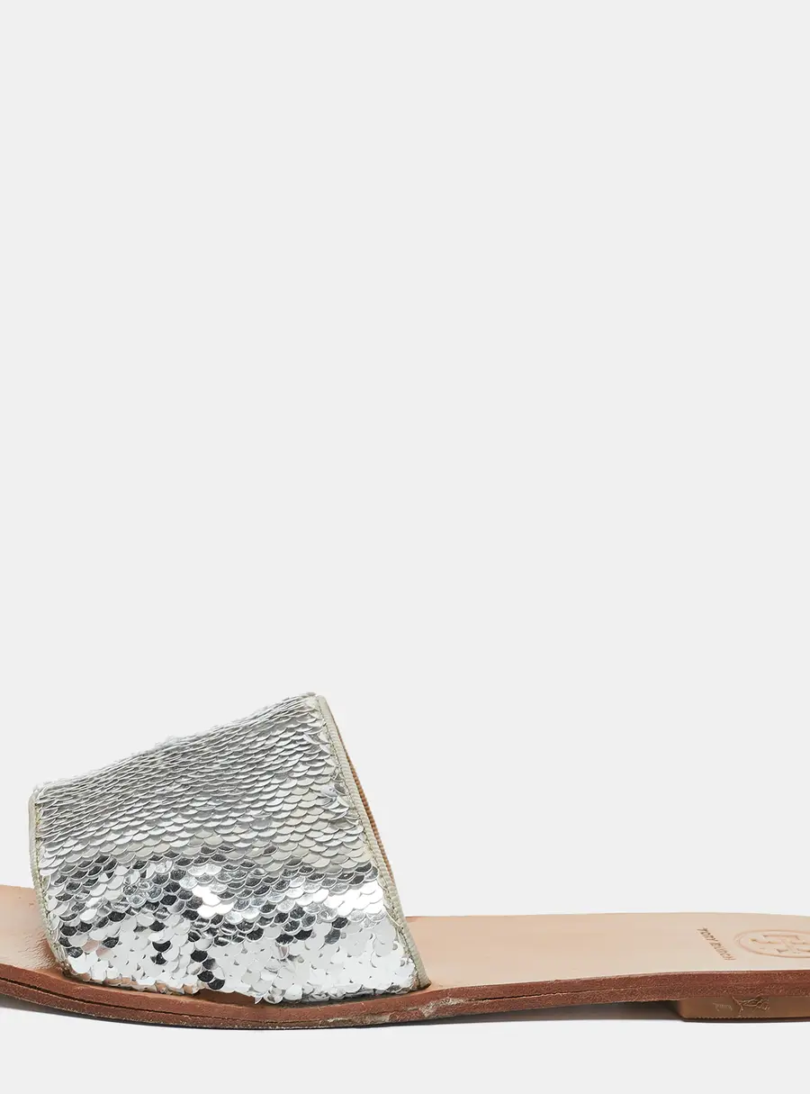 Tory Burch Silver Sequins Carter Flat Slides Size 38.5