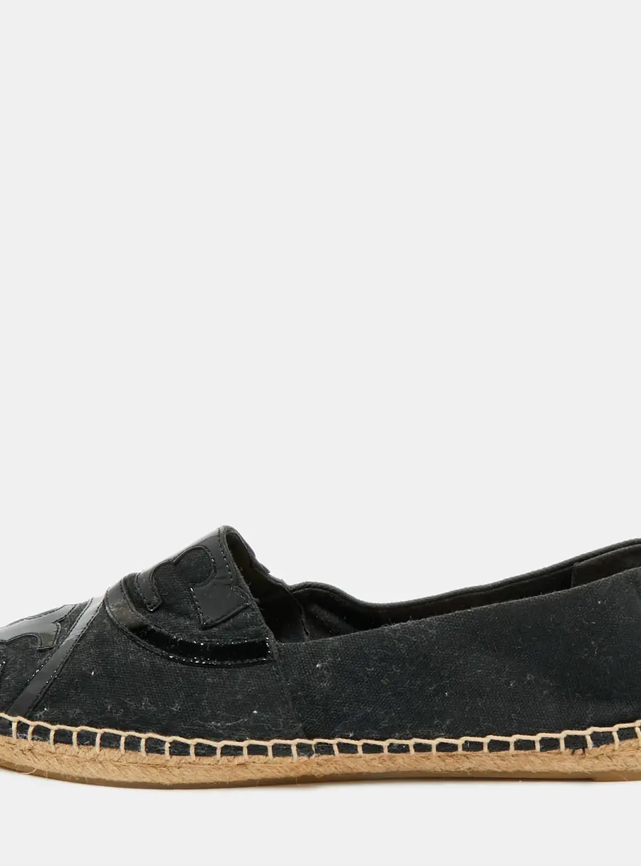 Tory Burch Black Canvas and Patent Leather Poppy Espadrille Flats Size 41