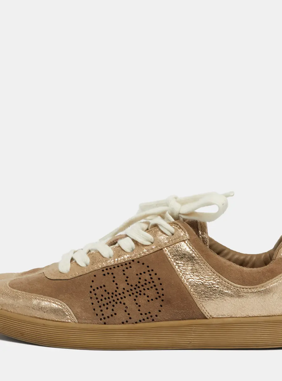 Tory Burch Beige/Gold Suede and Metallic Leather Perforated Logo Sneakers Size 38.5