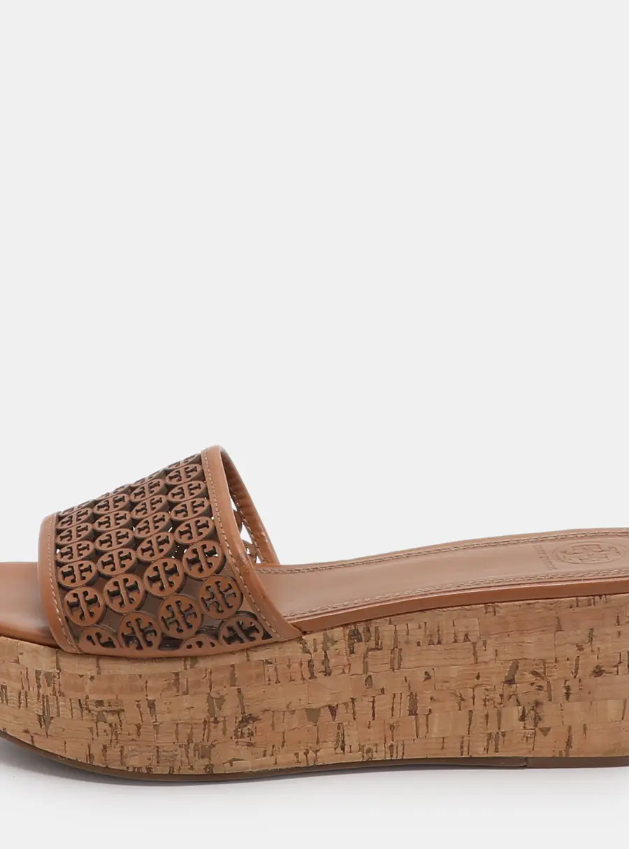 Tory Burch Elaine Size 40 Brown Laser Cut Leather Platform Slide Sandals