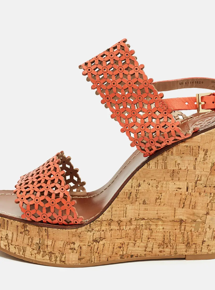 Tory Burch Daisy Size 41 Orange  Perforated Leather Wedge Sandals