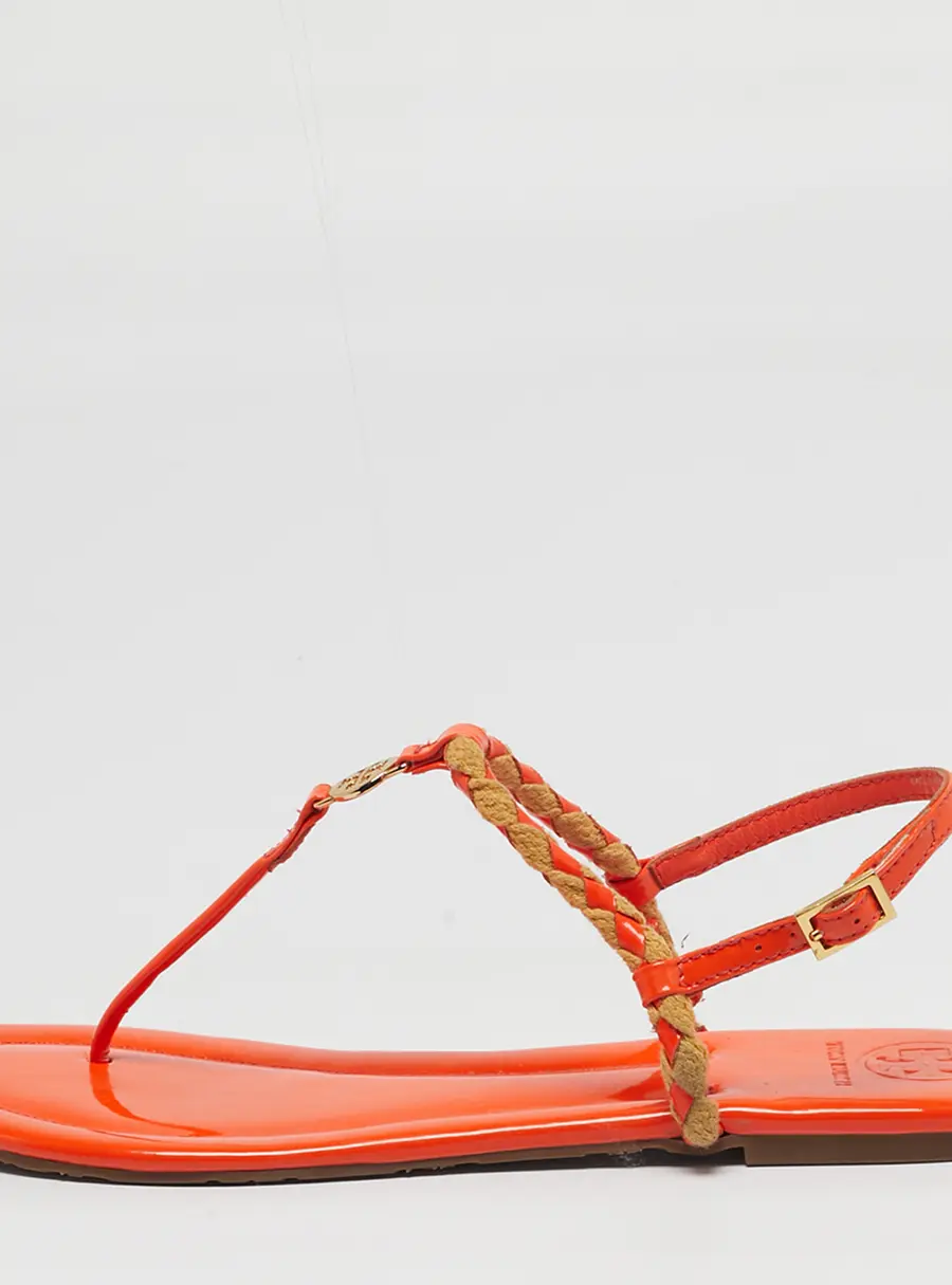 Tory Burch Miller Size 41 Orange Patent Leather and Straw Slingback Flats