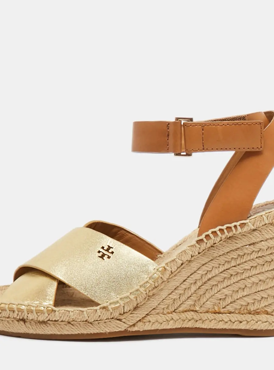 Tory Burch Size 36.5 Gold/Brown Leather Ankle Strap Wedge Sandals