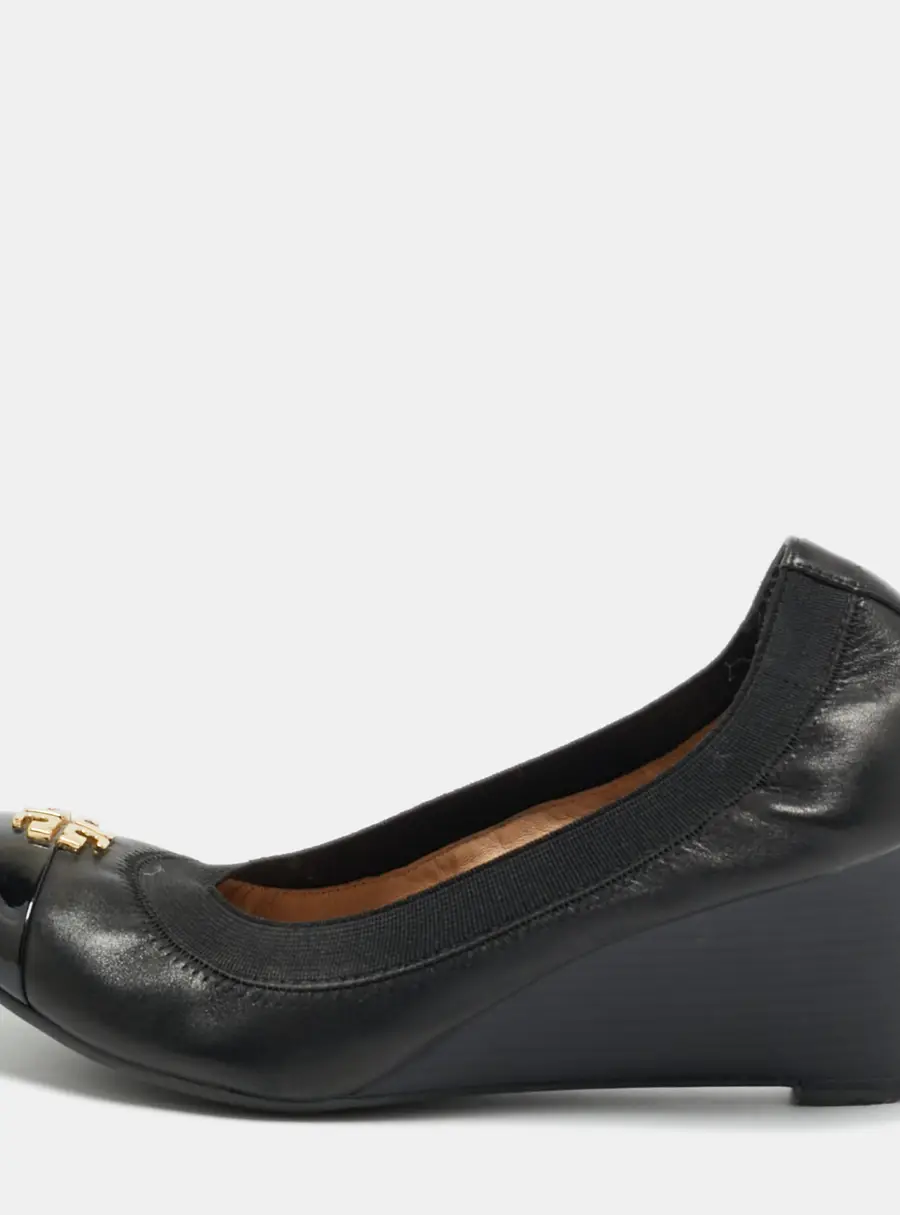 Tory Burch Jolie Size 36.5 Black Leather Wedge Pumps