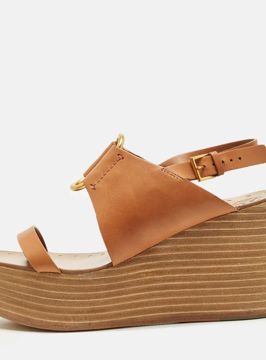 Tory Burch Daisy Size 40.5 Brown Leather Wedge Sandals