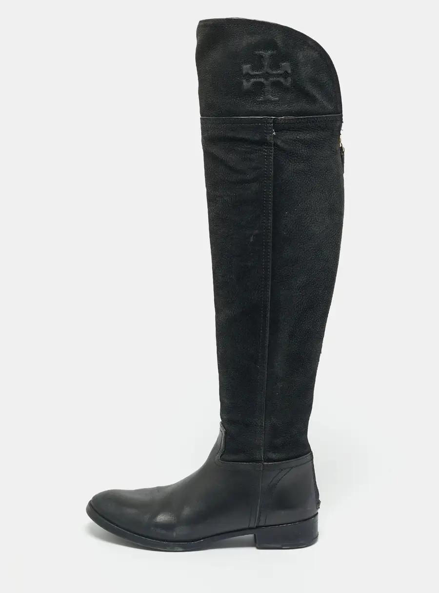 Tory Burch Black Leather and Nubuck Leather Knee Length Boots Size 37.5